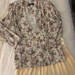 VTG Dawn Joy Fashions Yellow Floral Double Breasted Blazer & Pleated Skirt Set